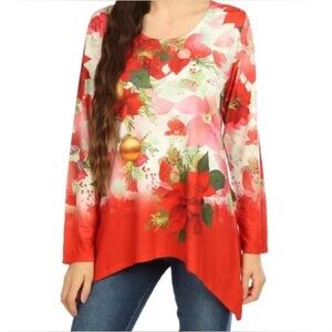 One World Womens XL Red Poinsetta Blouse Floral Holiday Top Office